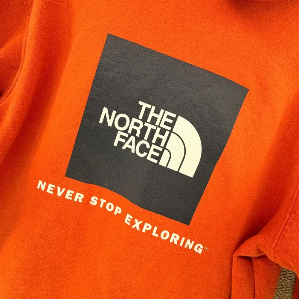 The North Face Mens Box Logo Hoodie Orange Never Stop Exploring Large Pullover